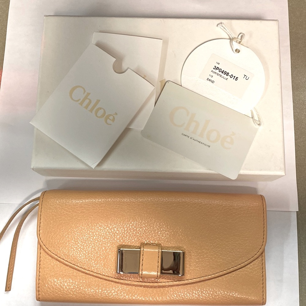 Chloe ribbon wallet in peach color